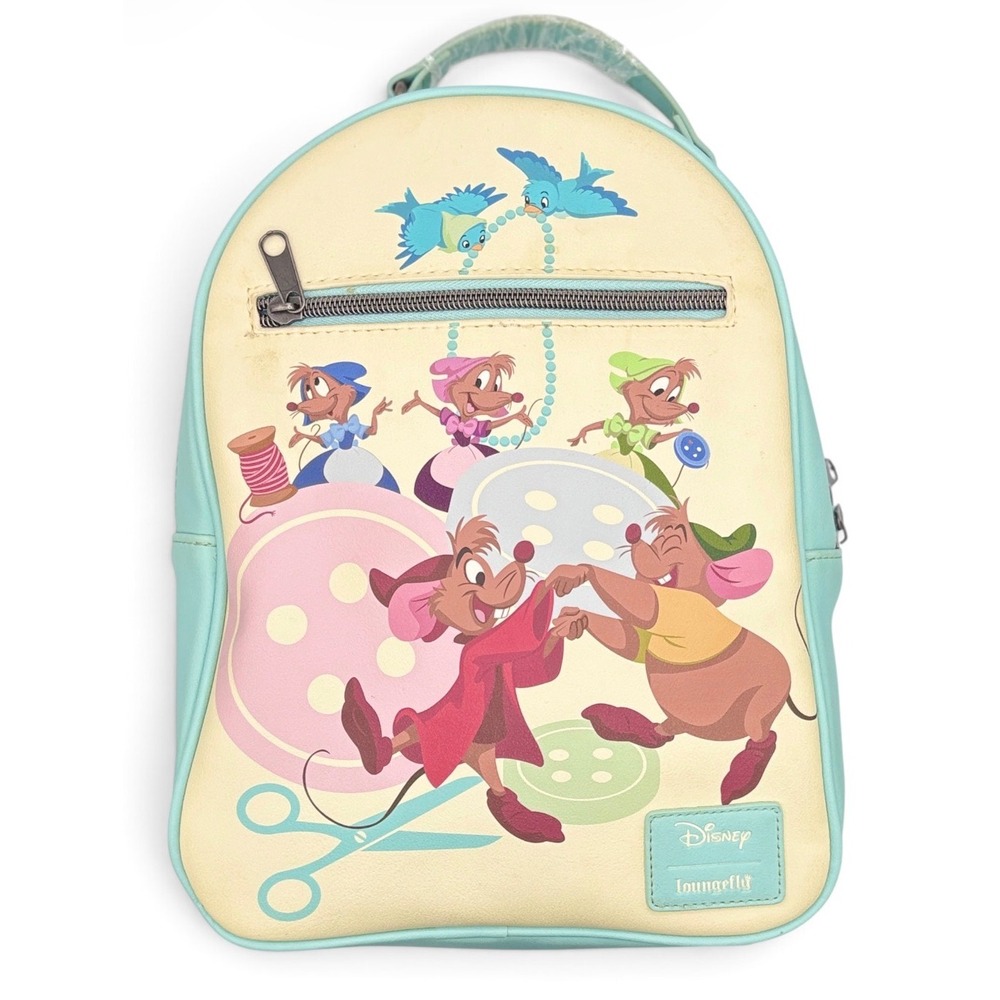 Disney Loungefly Cinderella Sewing Mice Jaq Gus-Gus Mini Backpack Cream Aqua Bag